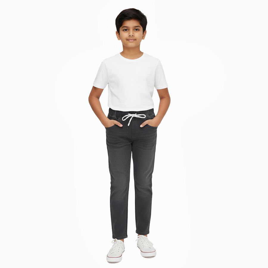 Boys' Charcoal Black Regular Fit Elastic Waist Jeans, Light Grey, large
