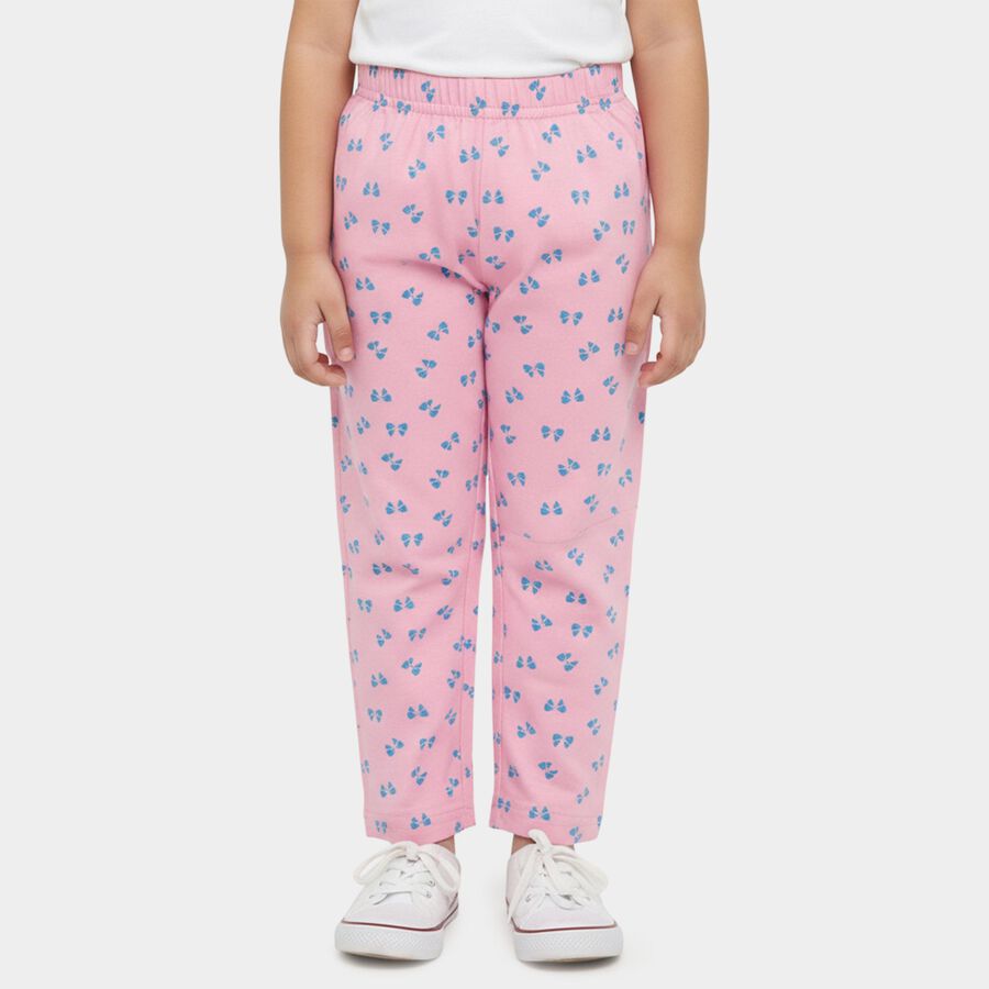 Girls' Pink Regular Fit Bow Printed Cotton Blend Pyjama, हल्का गुलाबी, large