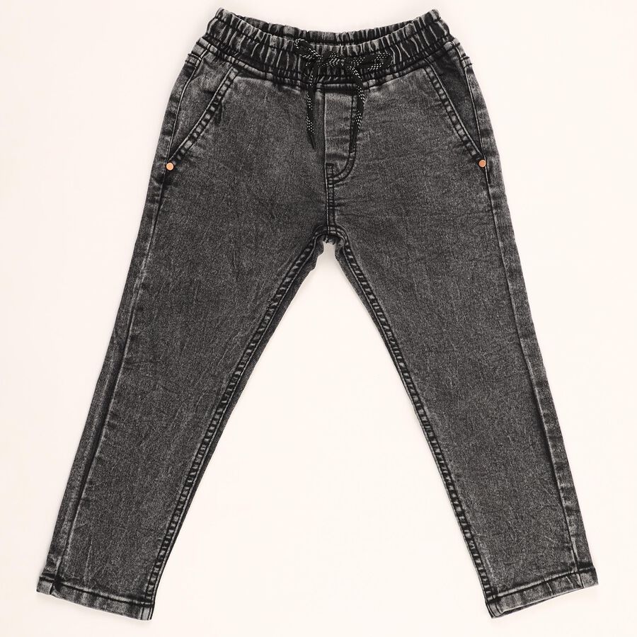 Boys' Washed Black Regular Fit Elastic Waist Jeans, गहरा ग्रे, large image number null