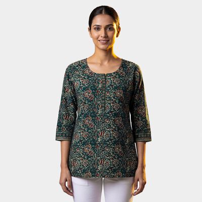 Women's Green Cotton Notch Neck Floral Printed Kurti