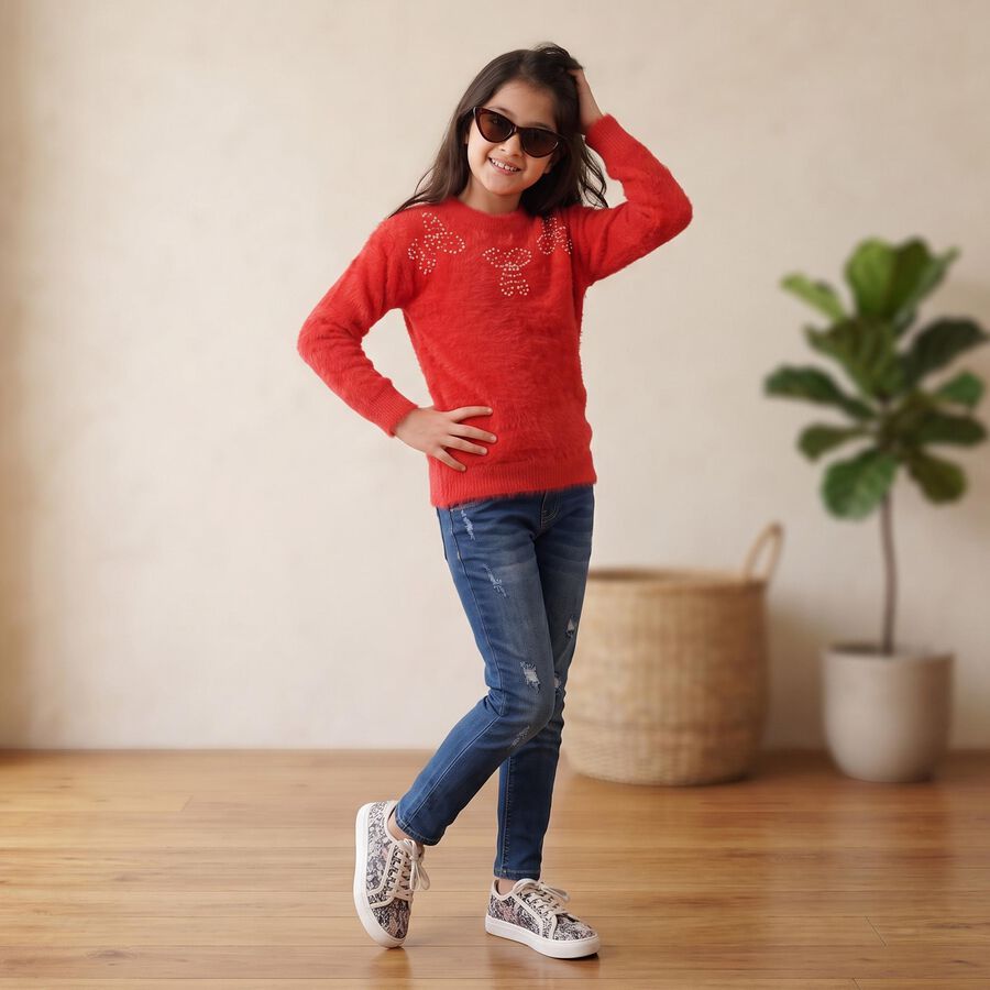 Girls' Red Crew Neck Embellished Pullover, Red, large