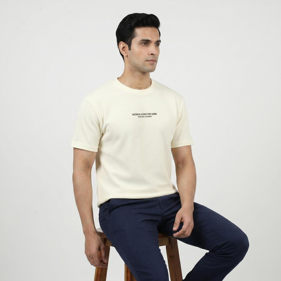 Men's White Round Neck Casual T-Shirt, ऑफ व्हाइट, large