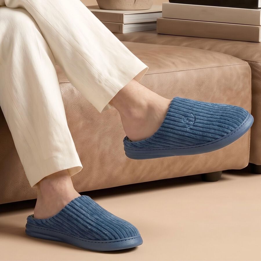 Men's Navy Blue Slip-On Winter Slippers, Navy Blue, large
