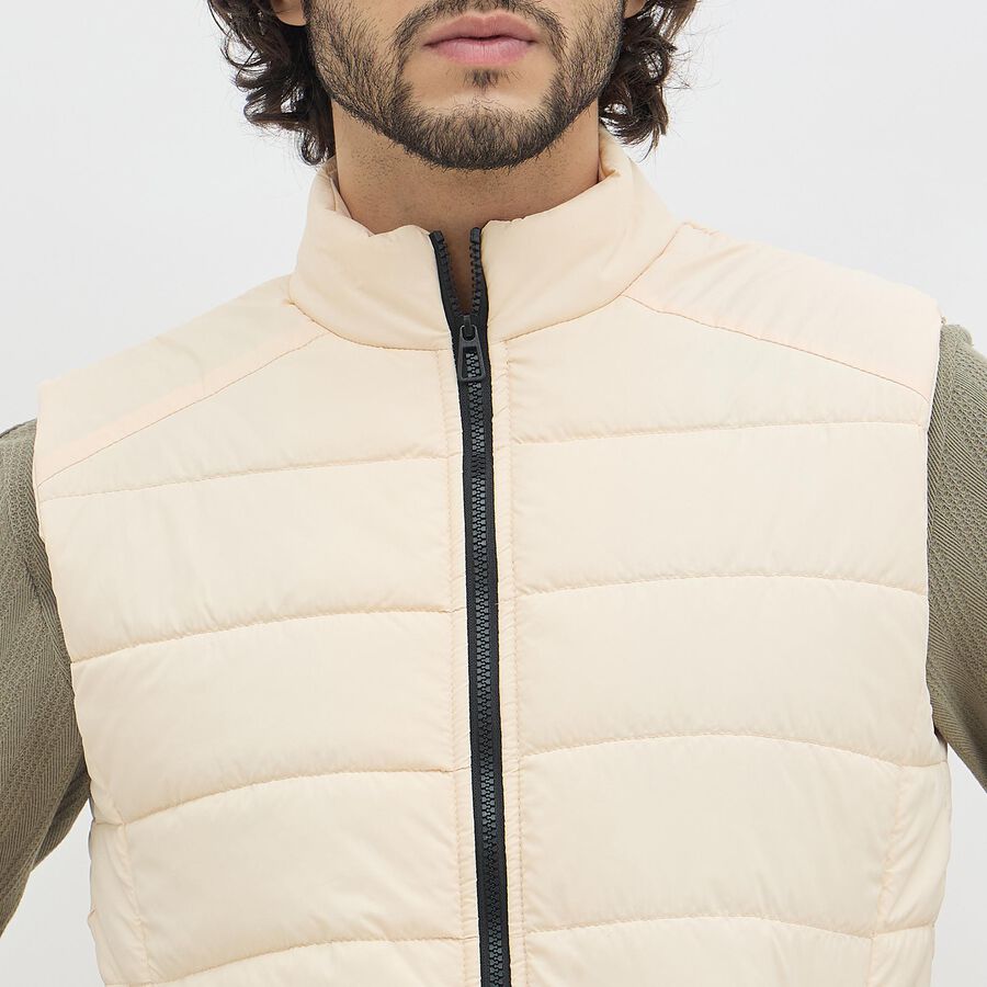 Men's Light Beige High Neck Casual Jacket, एक्रू मिश्रित, large image number null