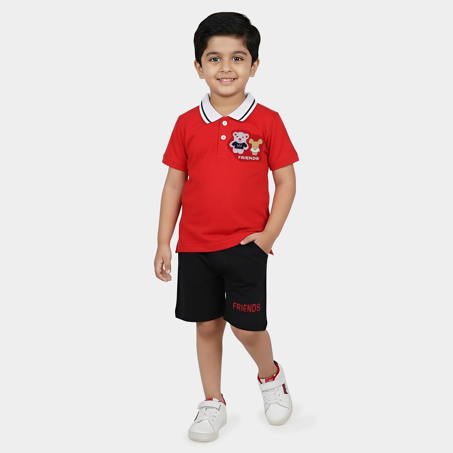 Infants' Red Cotton Polo Neck Cartoon Print Baba Suit, लाल, large
