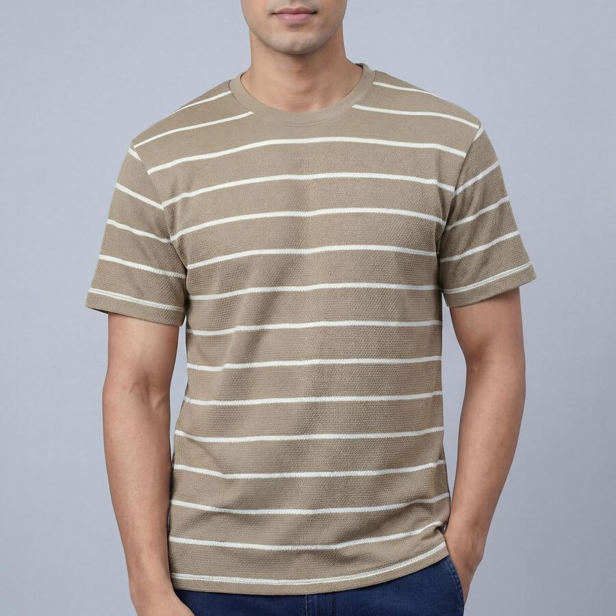 Men's Beige Round Neck Casual Printed T-Shirt, Beige, large