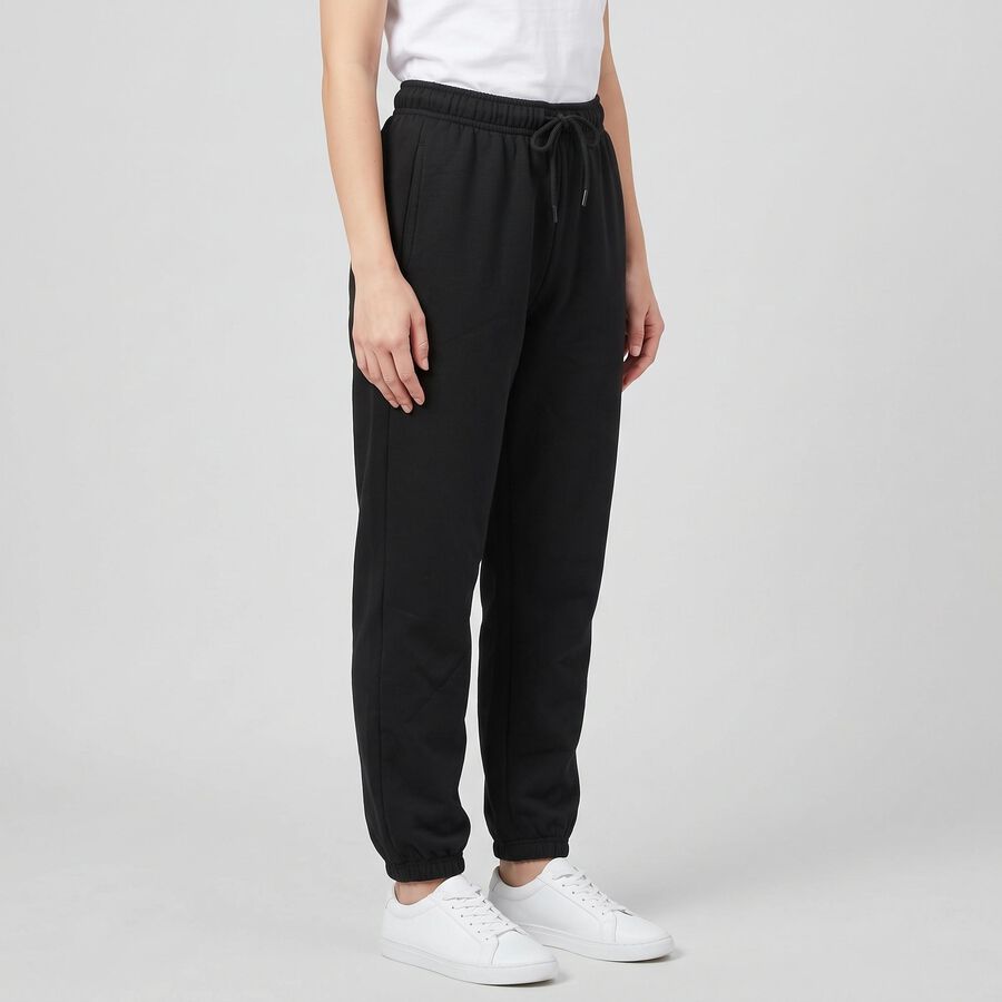 Women's Black Jogger Fit Solid Track Pants, काला, large