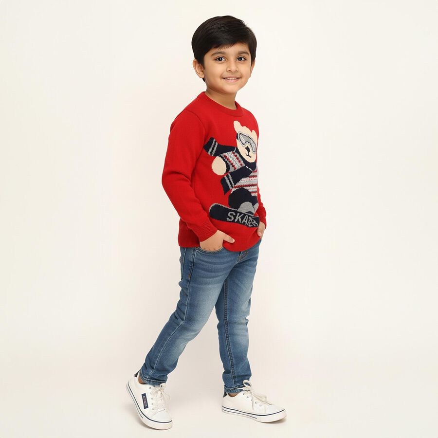 Boys Bright Cherry Red Crew Neck Casual Pullover, Red, large image number null