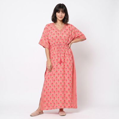 Women's Pink V-Neck Kaftan Nighty