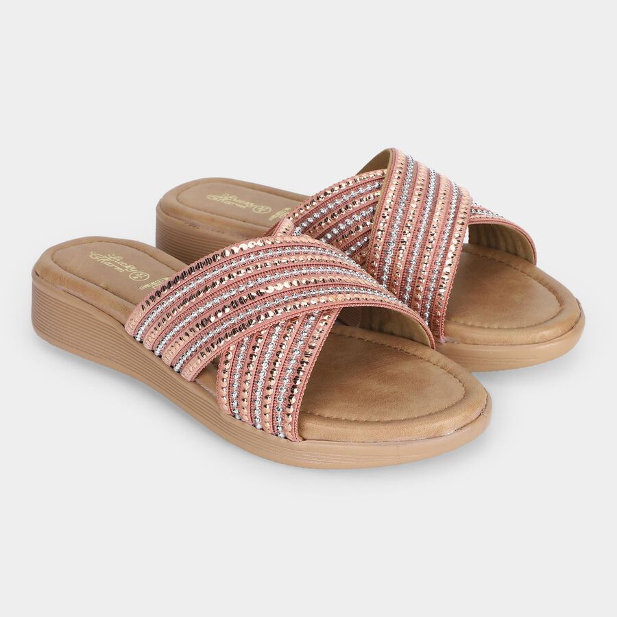 Women's Pink Embellished Slip-On Slide Sandals, Pink, large