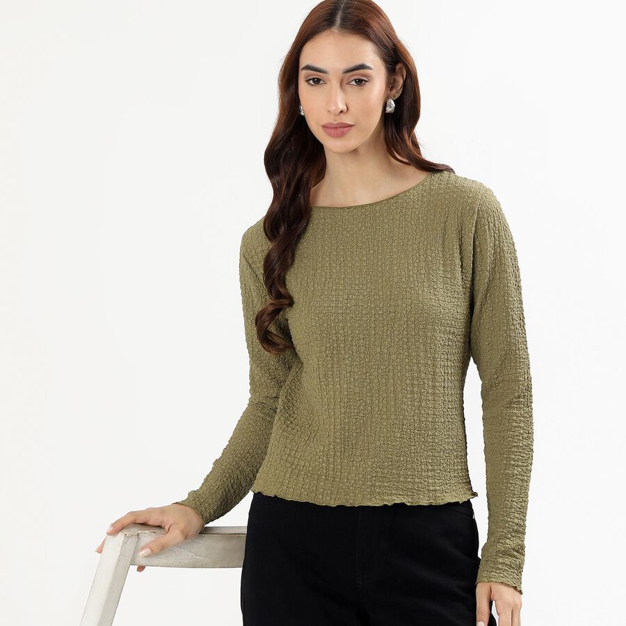 Women's Muted Olive Green Round Neck Casual Top, Olive, large image number null