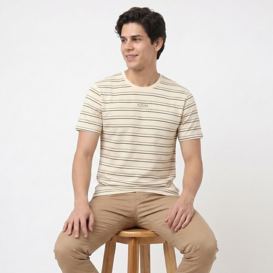 Men's Cream Round Neck Regular T-Shirt, ऑफ व्हाइट, large
