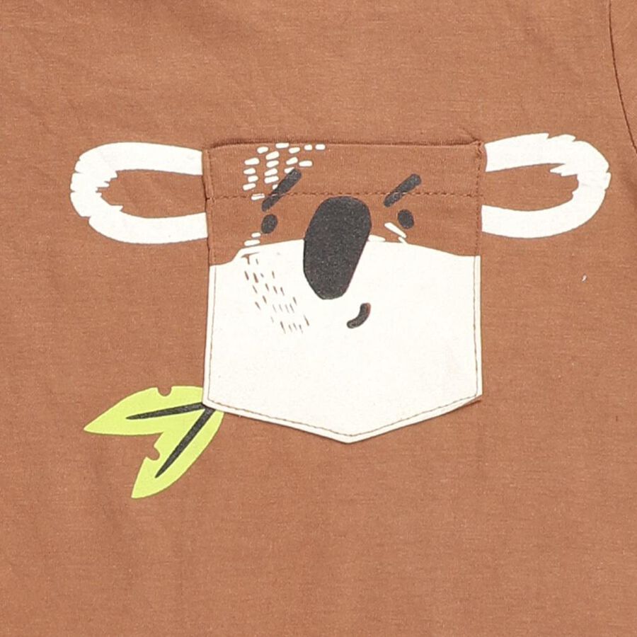 Boys Warm Brown Cotton Round Neck Casual T-Shirt, Brown, large image number null