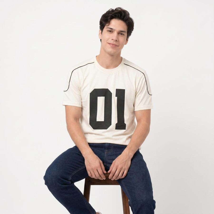 Men's White Cotton Round Neck Regular Graphic Print T-Shirt, White, large