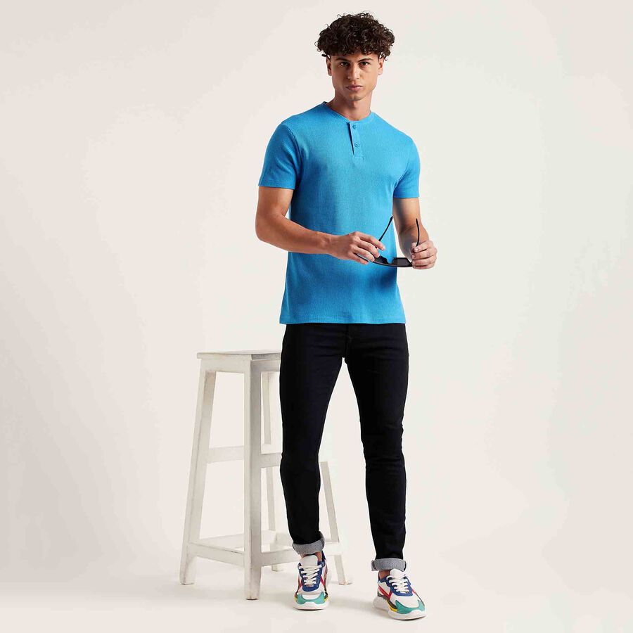 Cotton Solid Henley T-Shirt, Mid Blue, large image number null