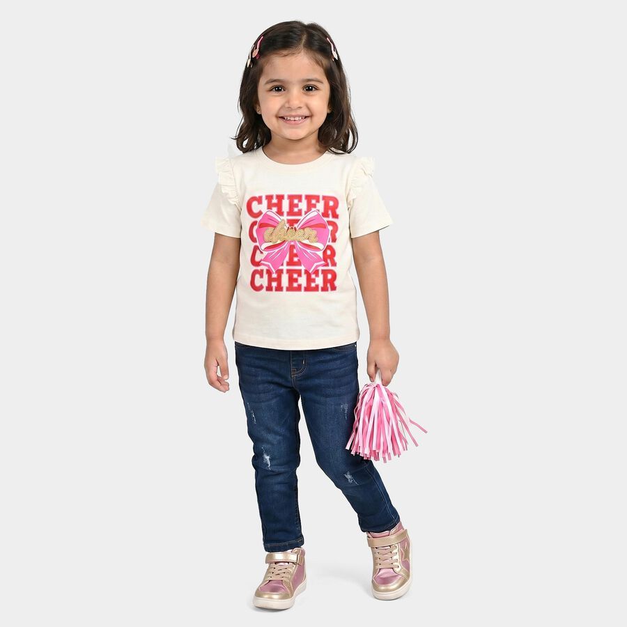 Girls Off White Cotton Round Neck Regular T-Shirt, Off White, large