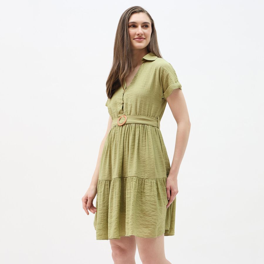 Women's Light Green Round Neck Classic Midi Dress, Light Green, large