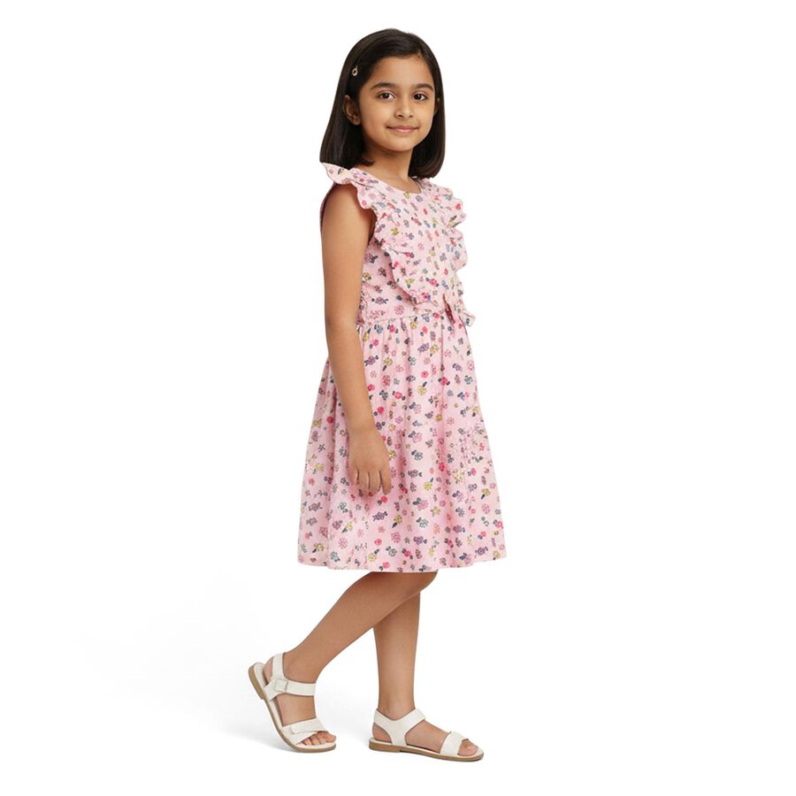 Girls' Light Pink Floral Print Sleeveless Frock, Light Pink, large image number null