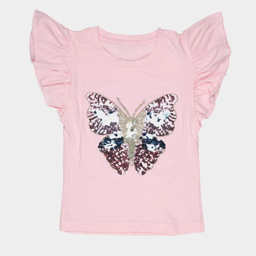 Girls Pink Cotton Round Neck Romantic T-Shirt, हल्का गुलाबी, large