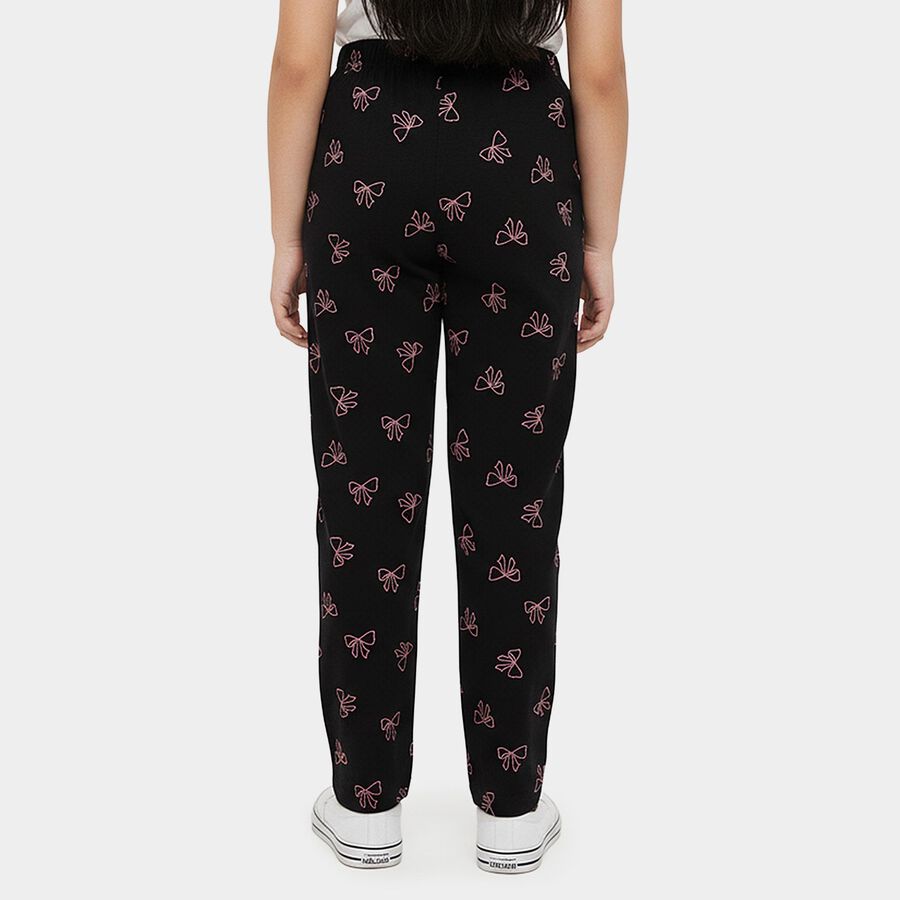 Girls' Black Regular Fit Cat Printed Cotton Blend Pyjama, Black, large