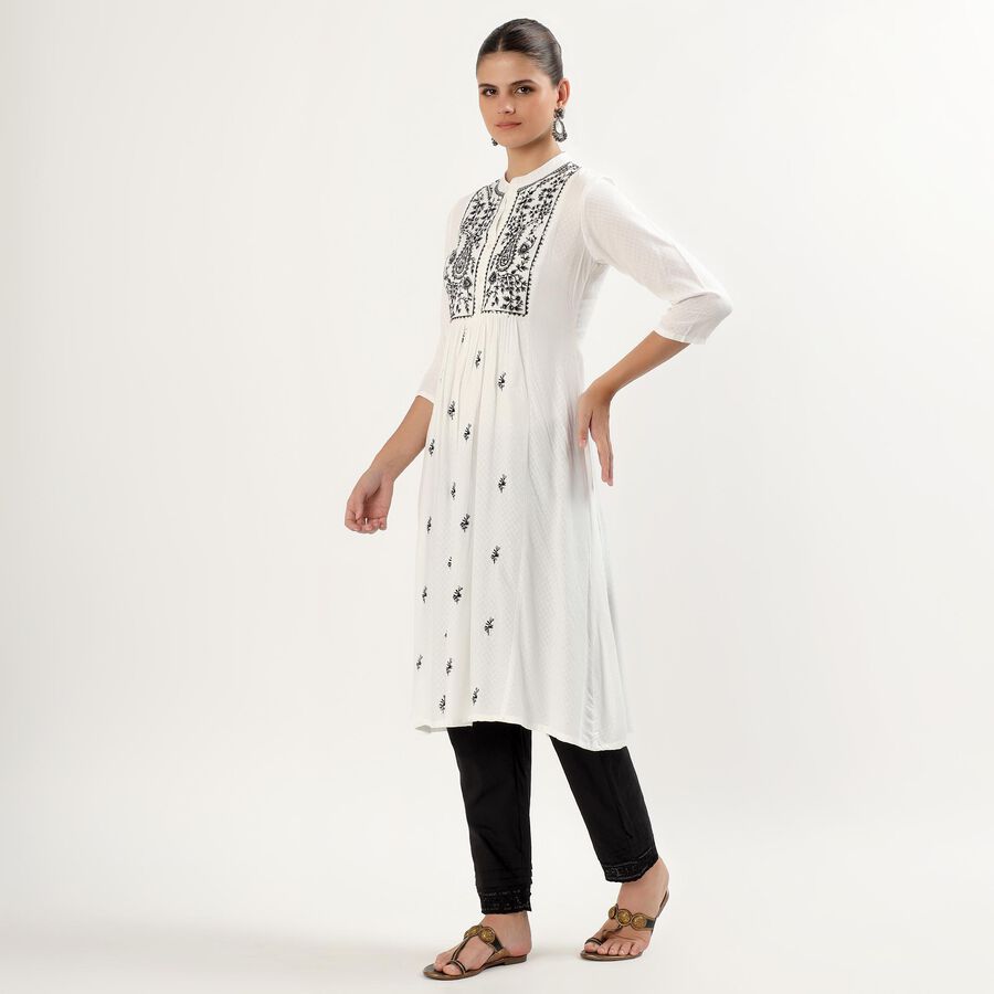 Women's White Mandarin Collar Embroidered Kurta, White, large image number null