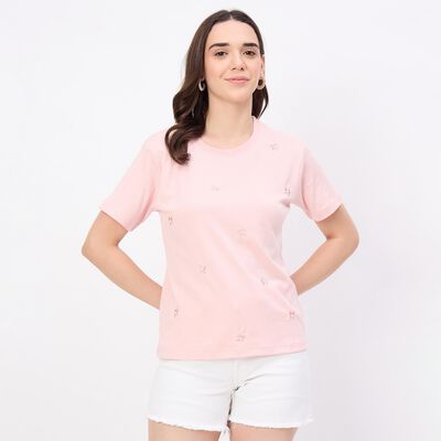 Women's Soft Rose Pink Round Neck Casual T-Shirt