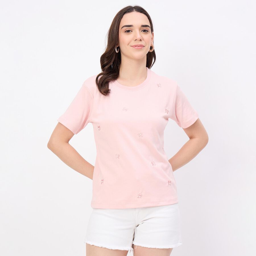 Women's Soft Rose Pink Round Neck Casual T-Shirt, Pink, large