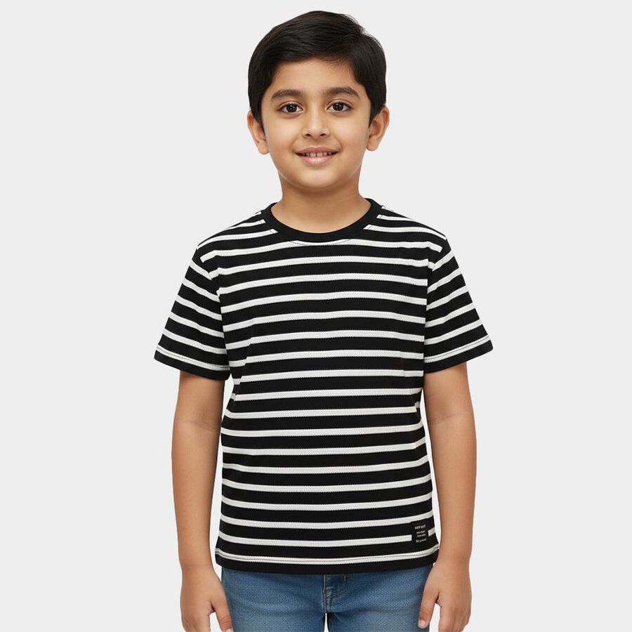 Boys Black Round Neck Casual T-Shirt, काला, large