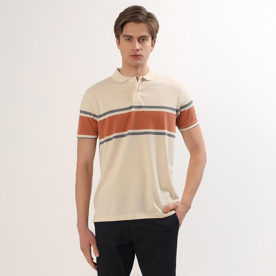 Men's Beige and Orange Polo Neck Striped T-Shirt, Off White, large