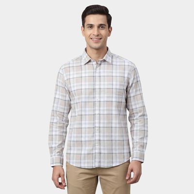 Men's Beige Cotton Spread Collar Casual Shirt