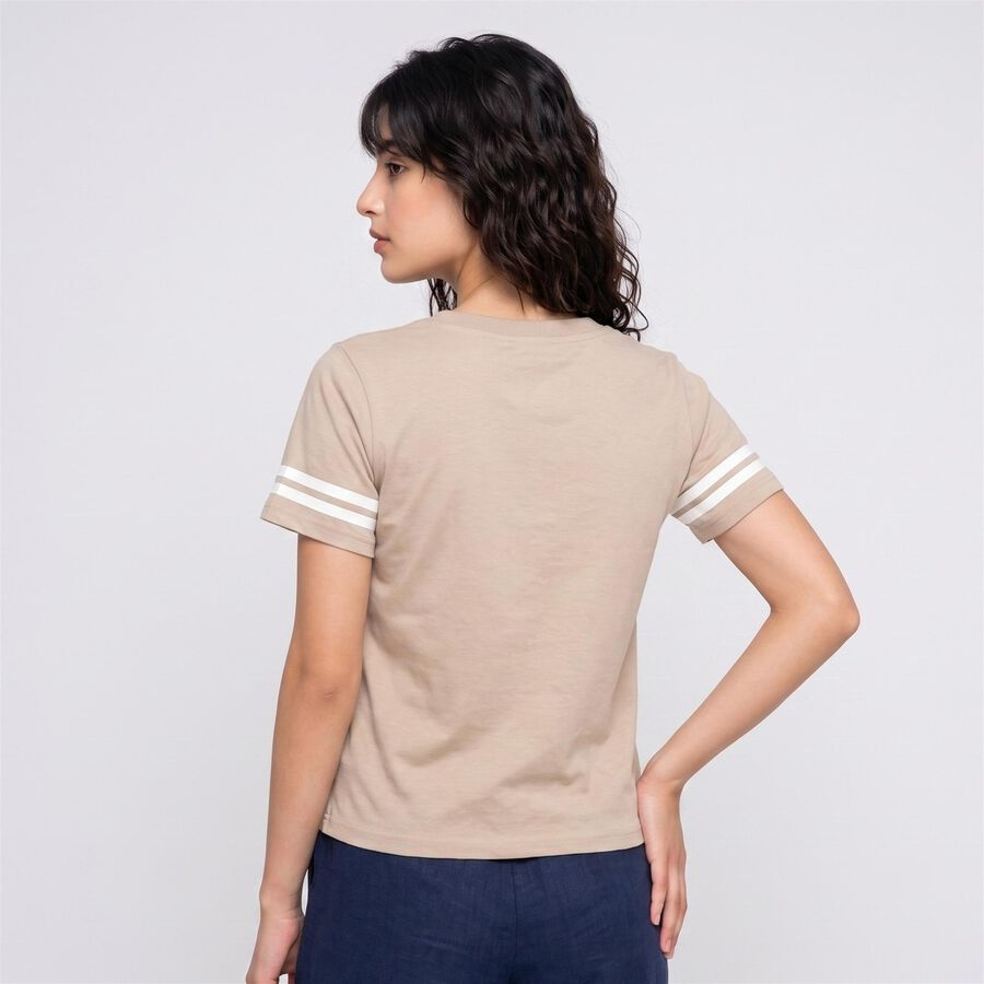 Women Beige Round Neck Regular T-Shirt, गहरा पीला, large