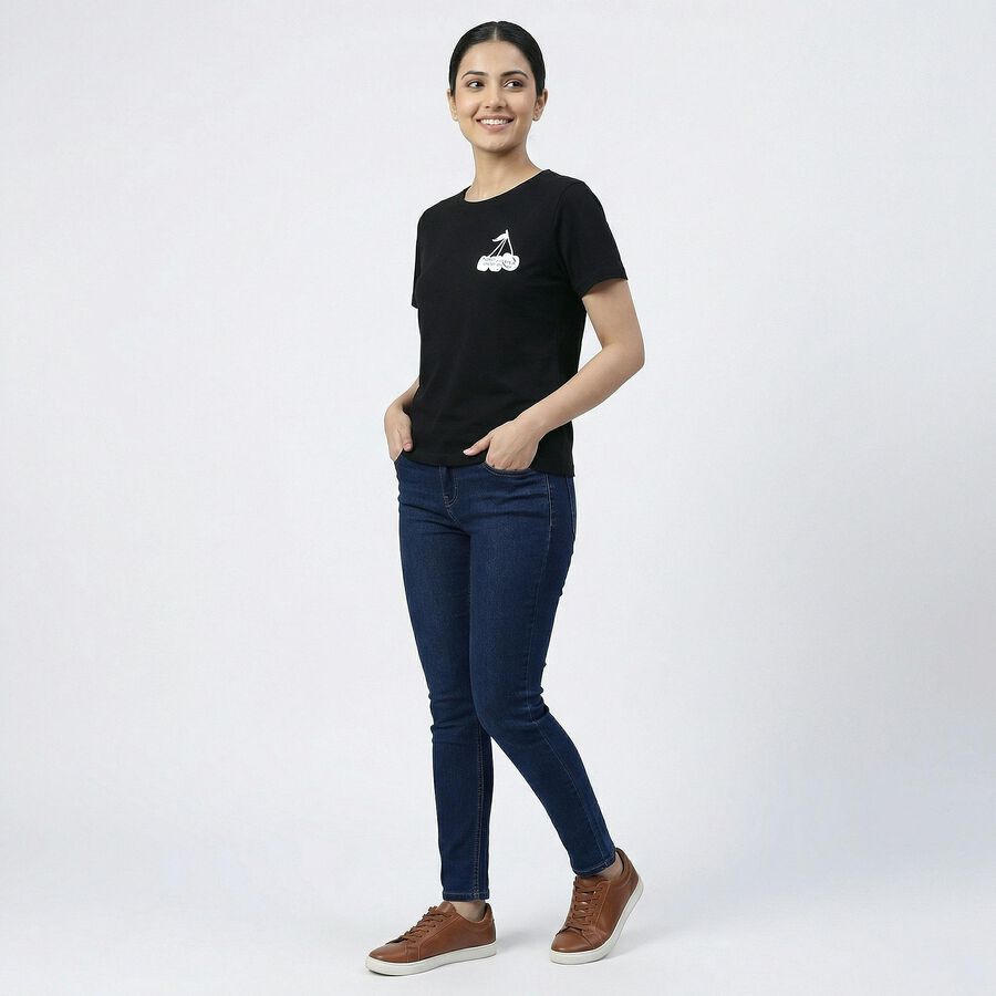 Women's Black Round Neck Casual T-Shirt, Black, large