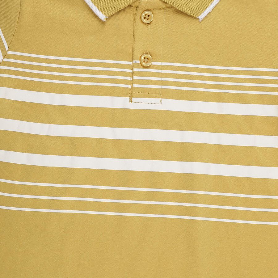 Boys' Mustard Cotton Polo Neck Striped T-Shirt, Mustard, large