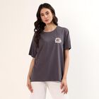 Women's Grey Cotton Round Neck Casual T-Shirt, गहरा ग्रे, small
