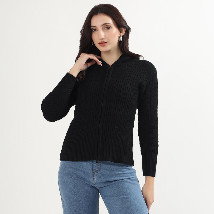 Women's Jet Black Hooded Casual Cardigan, Black, large