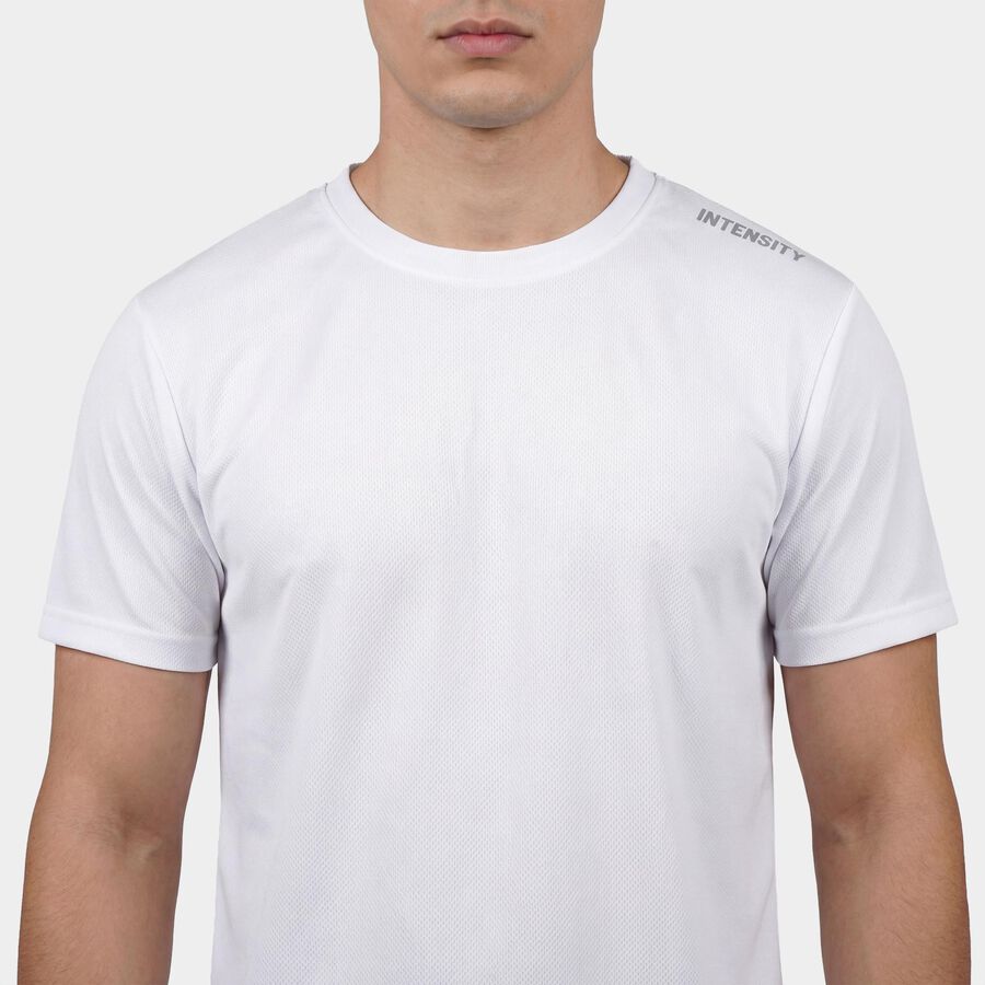 Men's White Round Neck Athleisure T-Shirt, सफ़ेद, large
