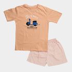 Boys' Peach Cotton Round Neck Graphic Printed Night Suit, मूँगा (कोरल), small