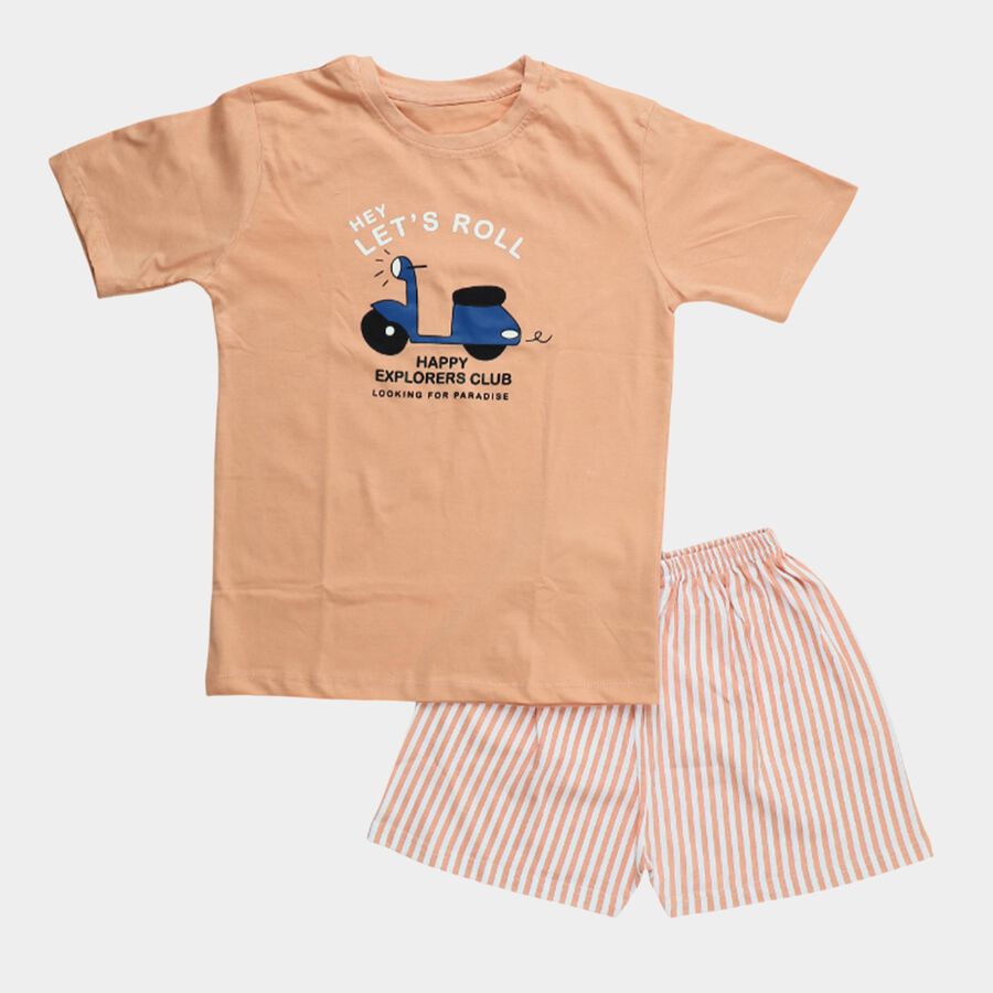 Boys' Peach Cotton Round Neck Graphic Printed Night Suit, मूँगा (कोरल), large
