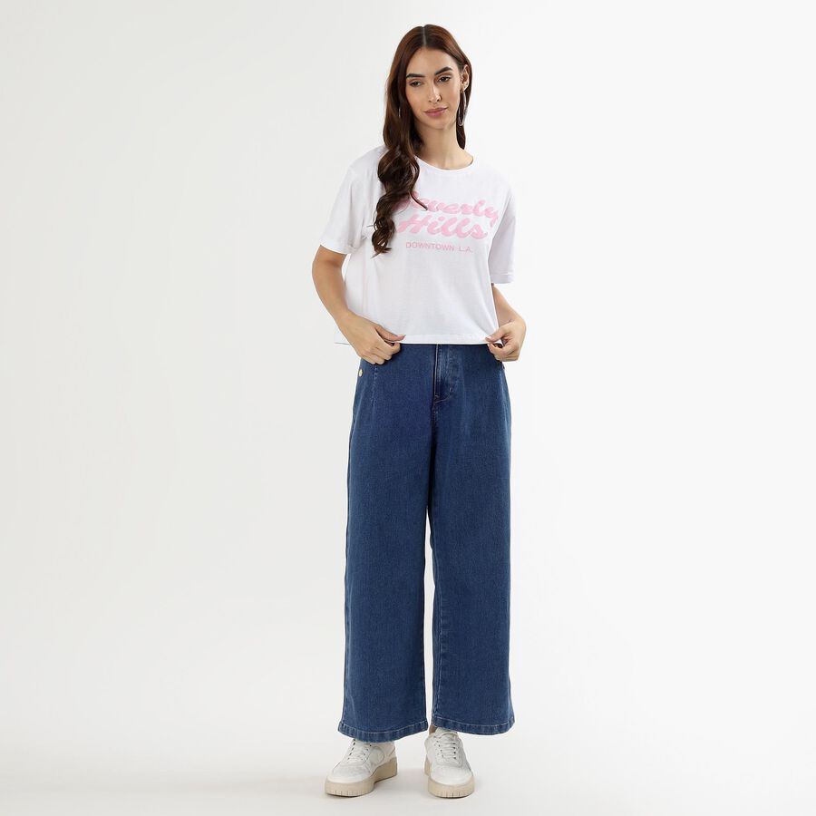 Women's Deep Indigo Wide-Leg High-Waist Jeans, मध्यम नीला, large image number null