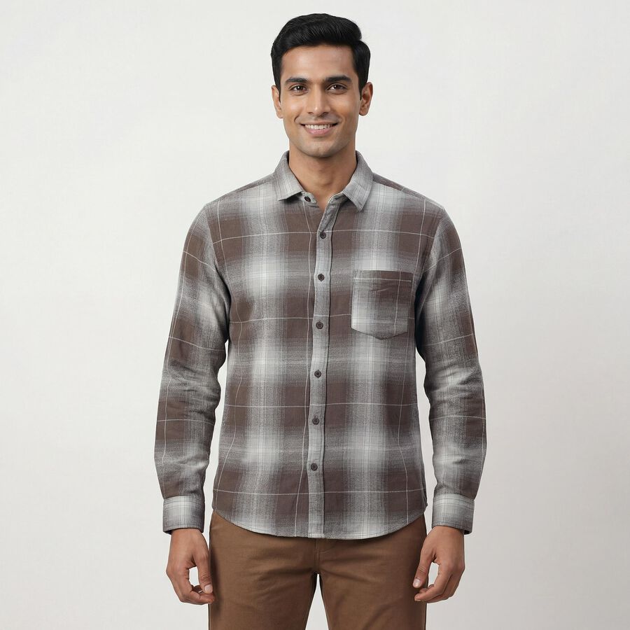 Men's Brown Cotton Spread Collar Casual Shirt, Brown, large