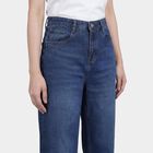 Women's Light Blue High-Rise Straight Fit Washed Jeans, मध्यम नीला, small