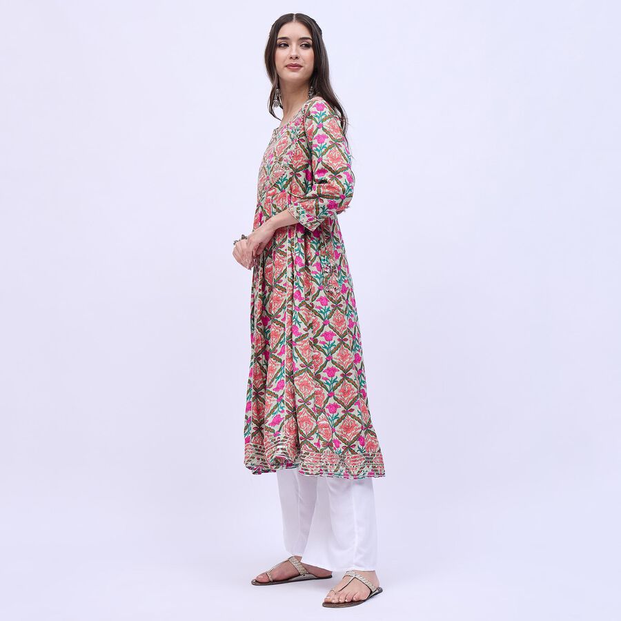 Women's Beige Round Neck Floral Embroidered Kurta, Beige, large image number null