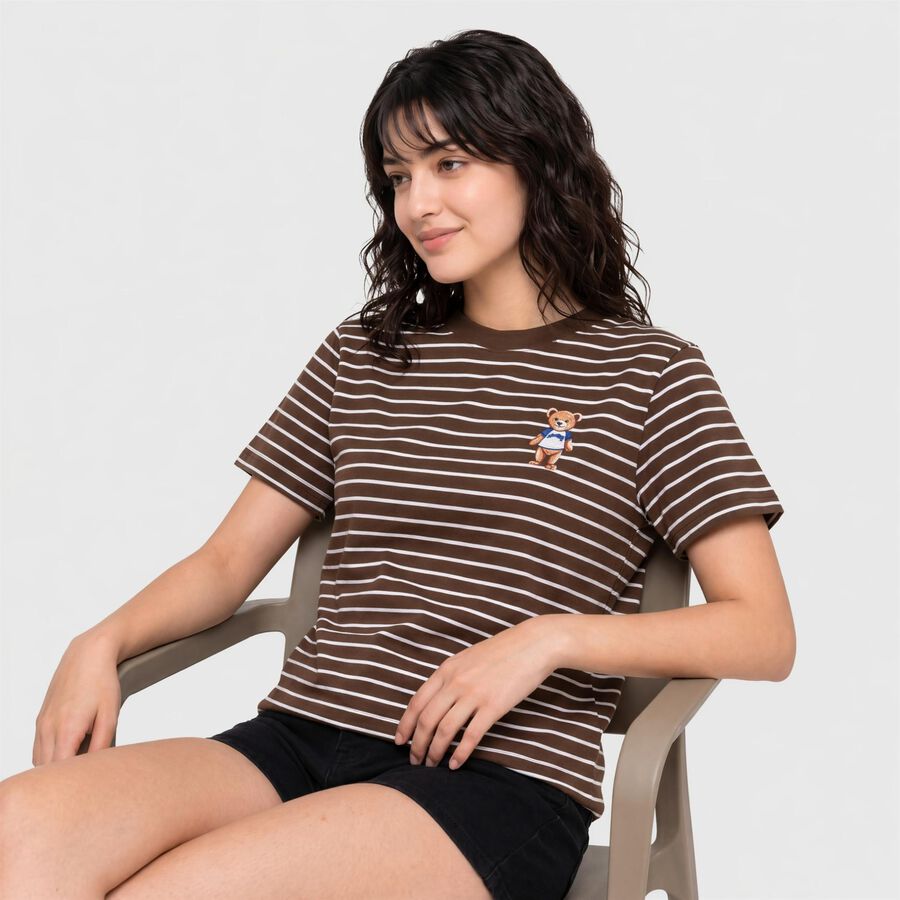 Women's Brown Round Neck Regular T-Shirt, Brown, large