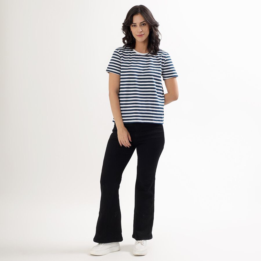 Women's Deep Midnight Navy Round Neck Striped T-Shirt, Navy Blue, large image number null