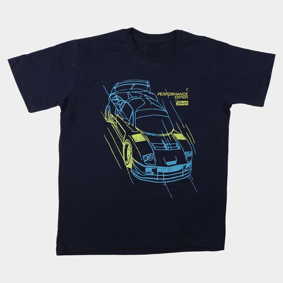 Boys Blue Round Neck Regular Boys T-Shirt, Dark Blue, large