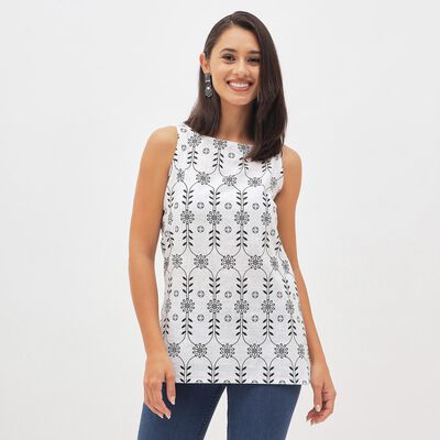 Women's Bright Snow White Cotton Round Neck Floral Printed Kurti