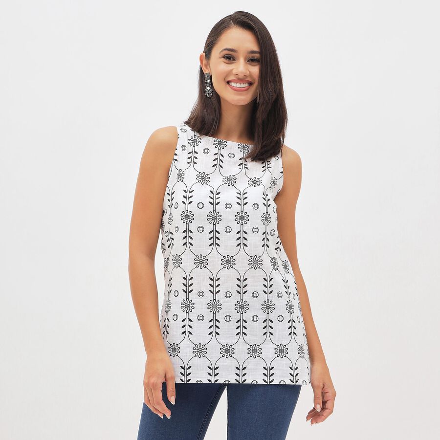 Women's Bright Snow White Cotton Round Neck Floral Printed Kurti, White, large image number null