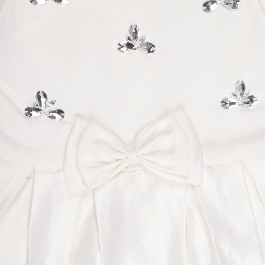 Girls' Ivory Embellished Flared Short Sleeves Frock, Off White, large image number null