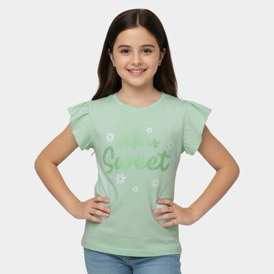 Girls' Mint Green Cotton Round Neck Casual T-Shirt
