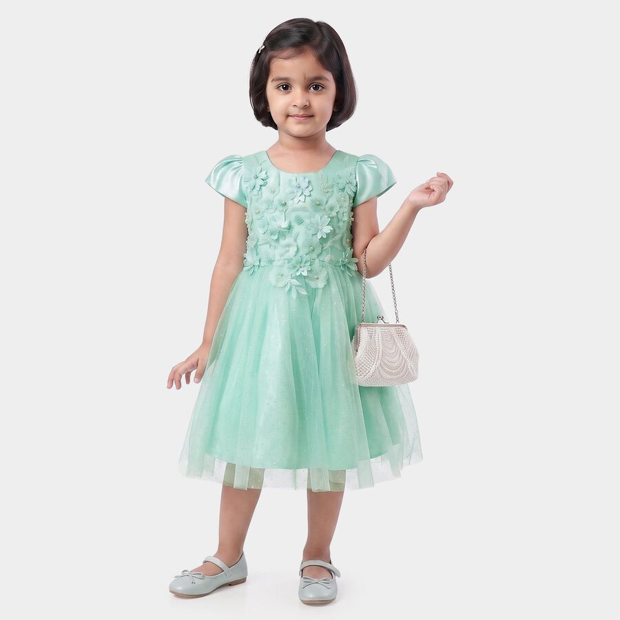 Girls' Mint Green Fit and Flare Floral Applique Party Wear Frock, Light Green, large